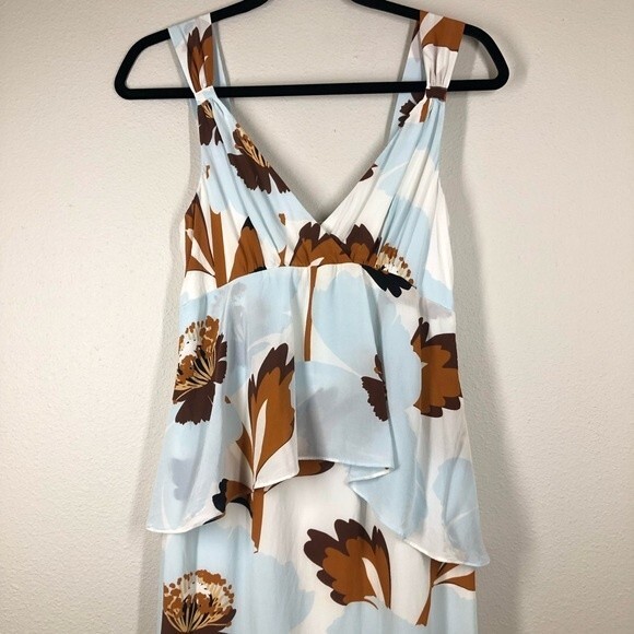 Anthropologie Postmark Pamela Silk Floral Dress Babydoll Blue Brown 4 Petite - Picture 2 of 10